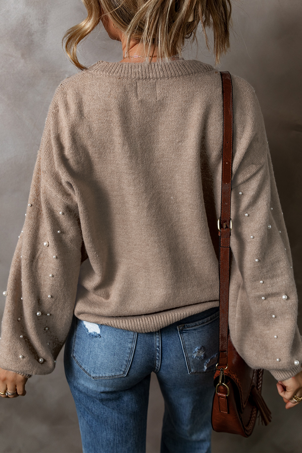 Smoke Gray Pearled Drop Shoulder Plus Size Sweater