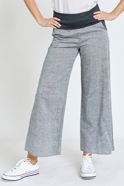 Cotton Linen Wide Leg Pants Fold Over With Pockets