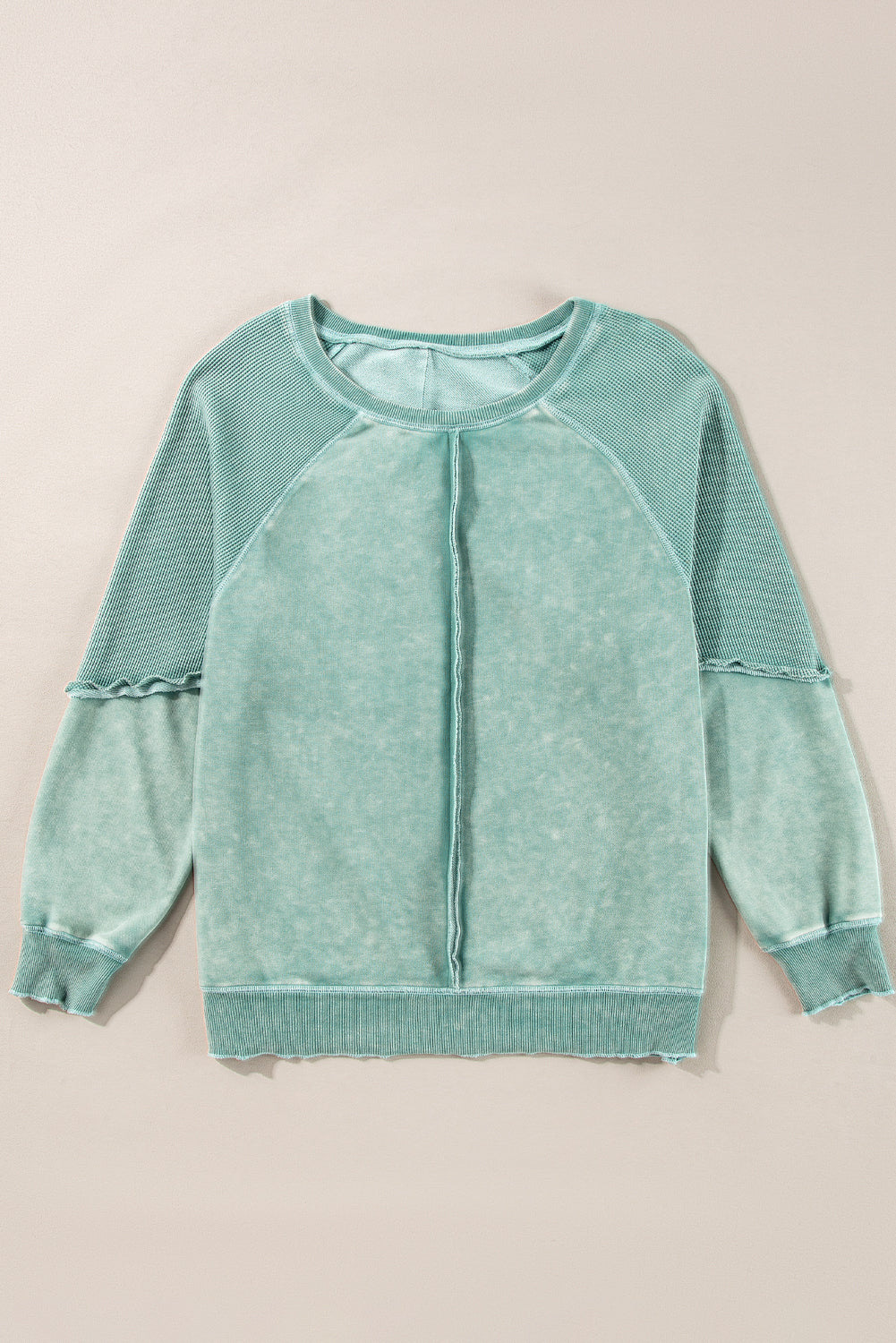 Mineral Blue Solid Waffle Knit Patchwork Raglan Sleeve Sweatshirt