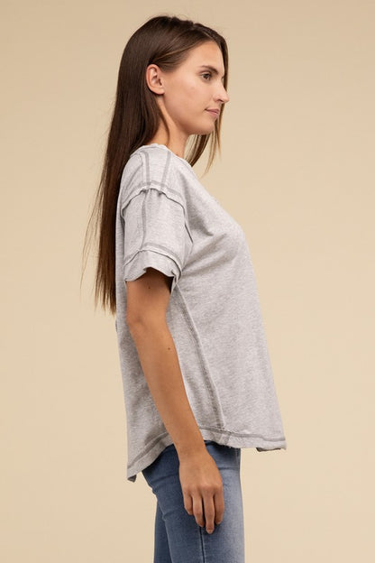 Raw Edge Detailed Button Closure Short Sleeve Top