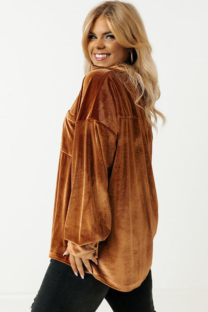 Chestnut Plus Size Velvet Chest Pocket Drop Shoulder Shirt