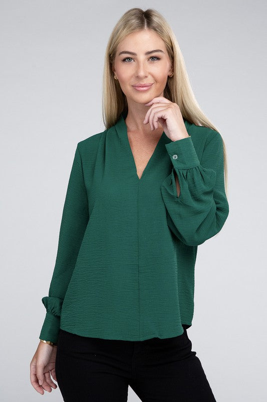 Woven Airflow V-Neck Long Sleeve Top