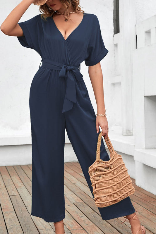 Tie Waist Surplice Wide Leg Jumpsuit