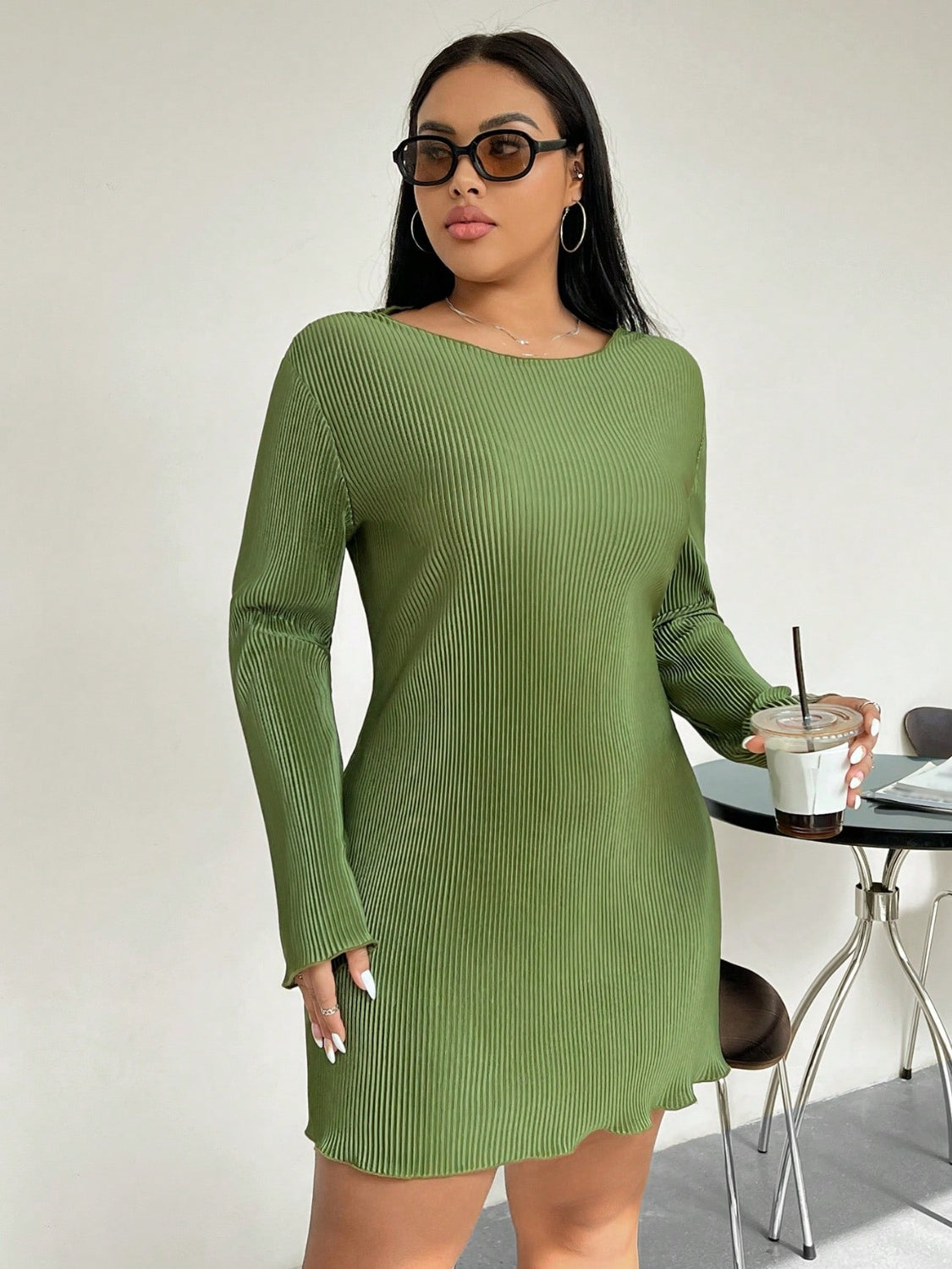 Honey Plus Size Lettuce Hem Round Neck Long Sleeve Dress