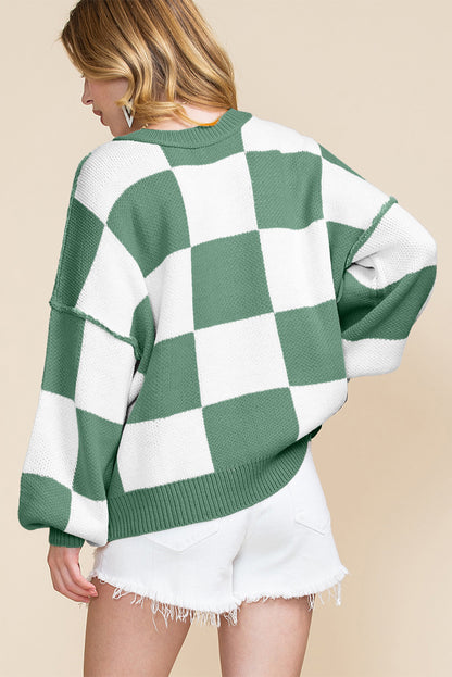 Green Checkered Bishop Sleeve Sweater