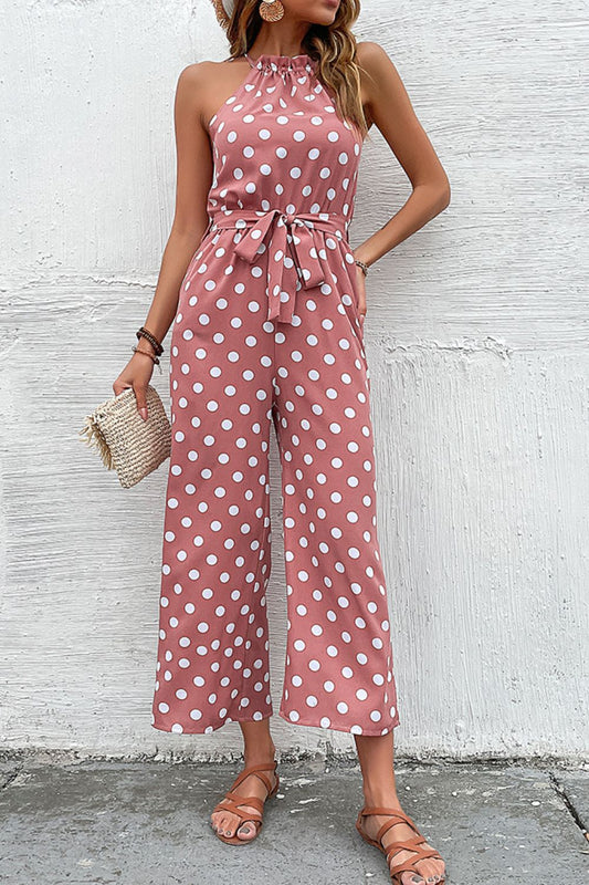 Perfee Polka Dot Grecian Wide Leg Jumpsuit