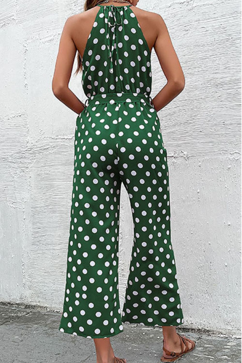 Perfee Polka Dot Grecian Wide Leg Jumpsuit