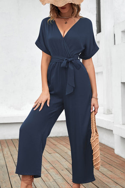 Tie Waist Surplice Wide Leg Jumpsuit